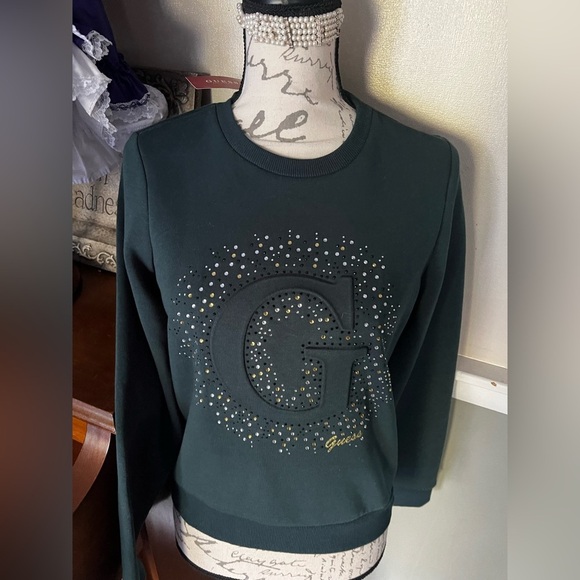 💚 Guess Dark Jade Bling Gold Pullover Fleece Crew Sweatshirt Size S NWT - Picture 2 of 5